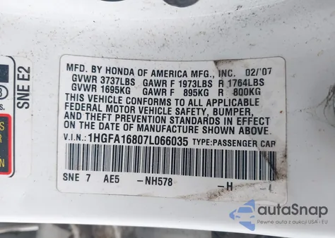 2007 Honda Civic Ex z USA, uszkodzony, nr VIN 1HGFA16807L066035